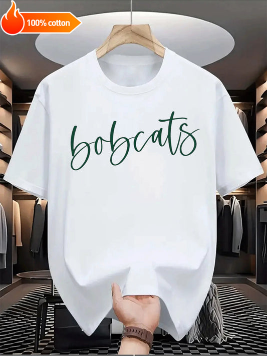 White T-shirt Bobcats Comfortable Cotton Casual Round Neck Perfect for Outdoor Activities Casual Attire