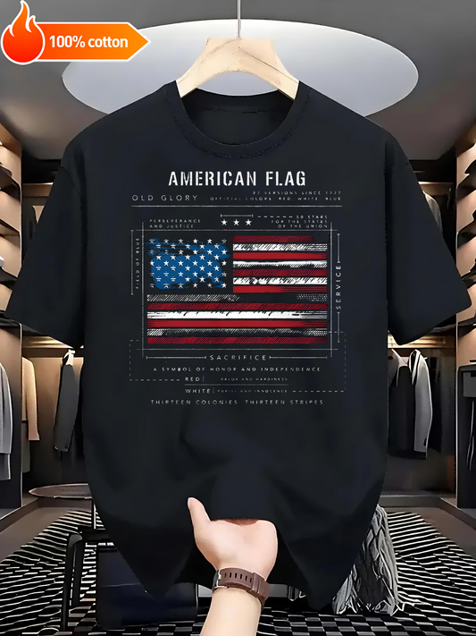 Black T-shirt American Flag Comfortable Cotton Casual Round Neck Perfect for Outdoor Activities  Casual Attire