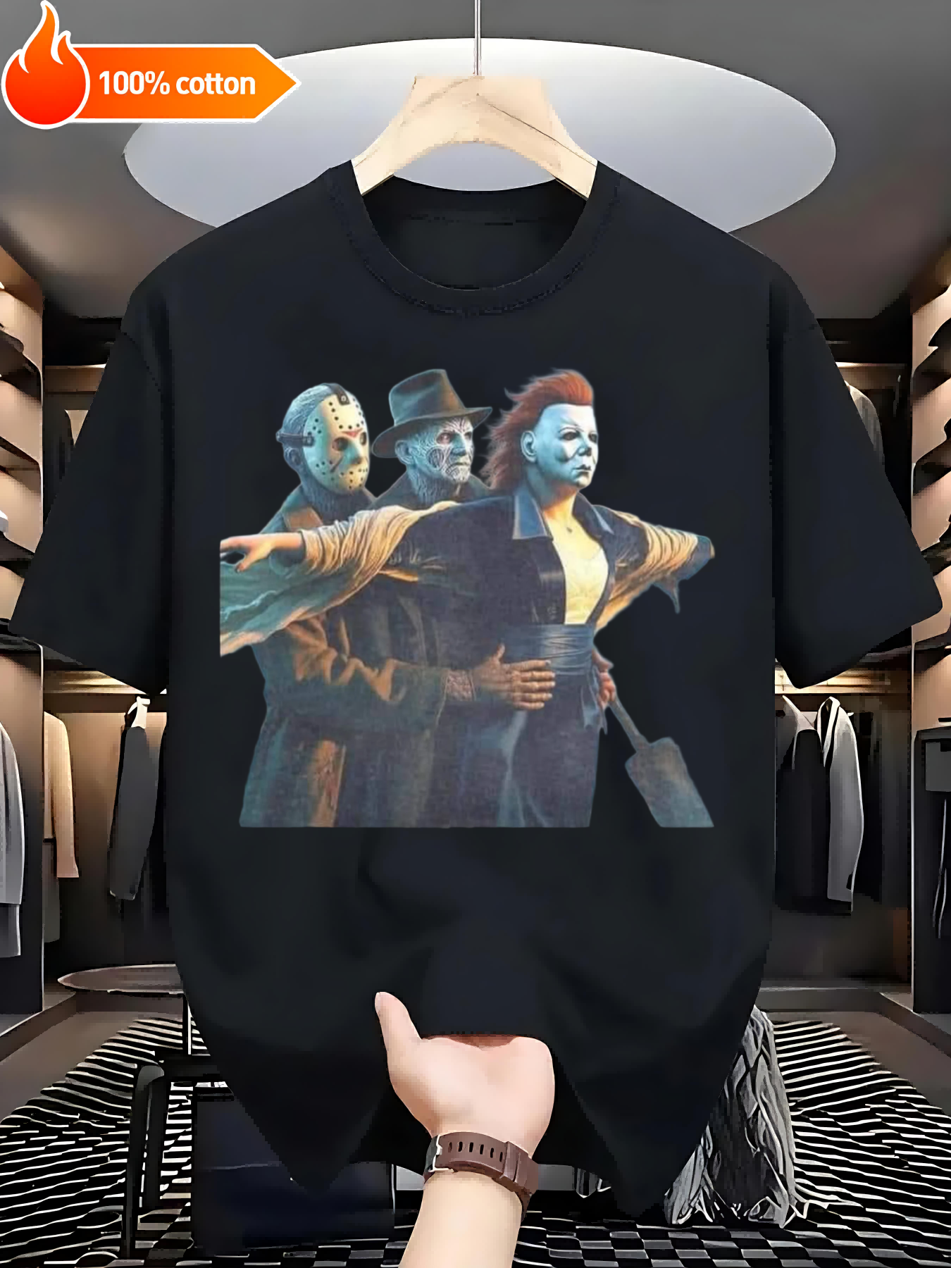Black T-shirt The Horror Trio Comfortable Cotton Casual Round Neck Perfect for Outdoor Activities Casual Attire