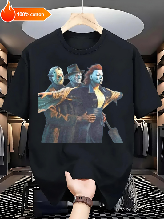 Black T-shirt The Horror Trio Comfortable Cotton Casual Round Neck Perfect for Outdoor Activities Casual Attire