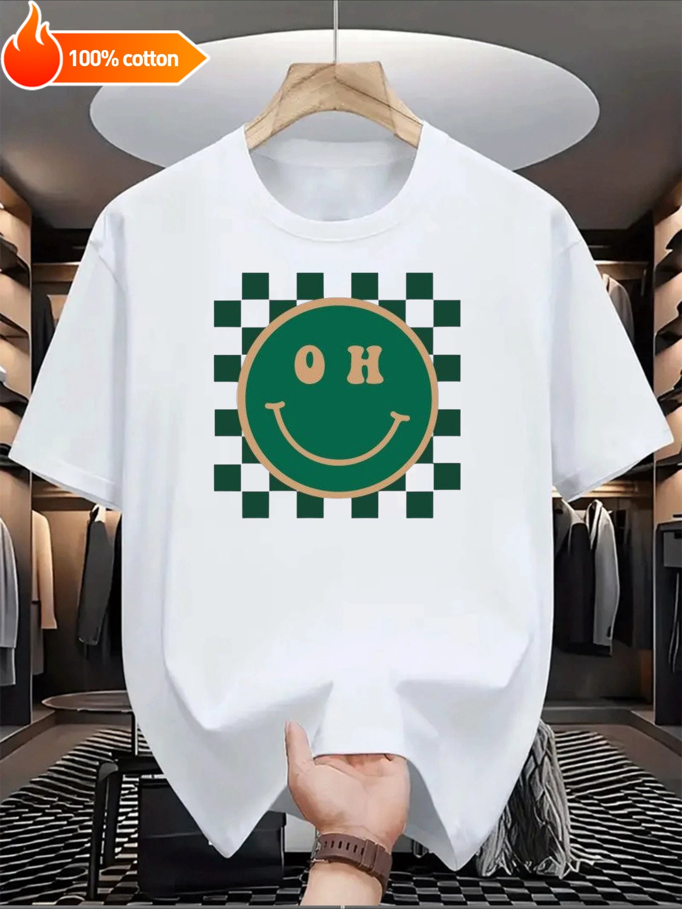 White T-shirt Green Smiley Face with 'OH' Text Comfortable Cotton Casual Round Neck Perfect for Outdoor Activities Casual Attire