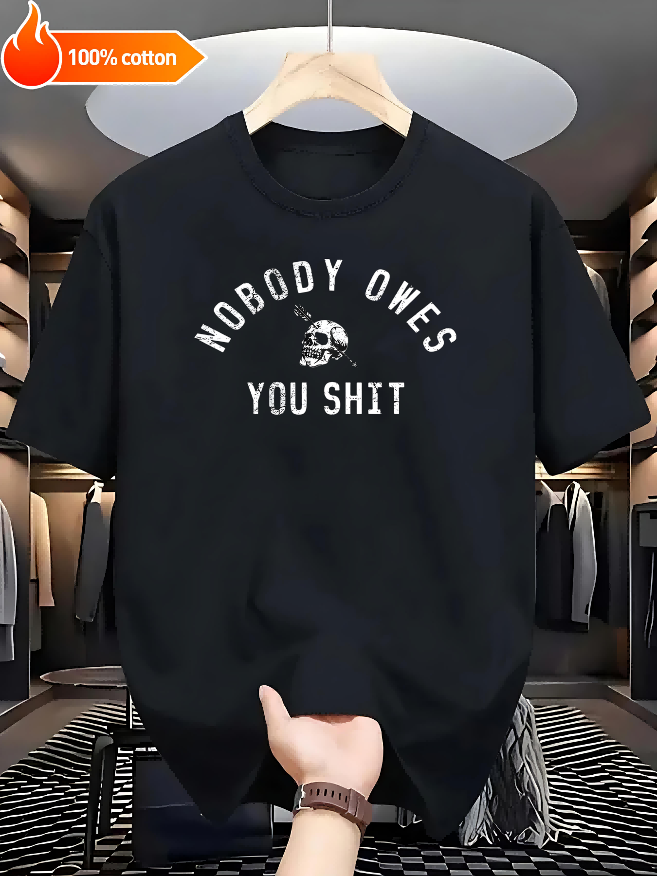 Black T-shirt Nobody Owes You Shit Comfortable Cotton Casual Round Neck Perfect for Outdoor Activities  Casual Attire