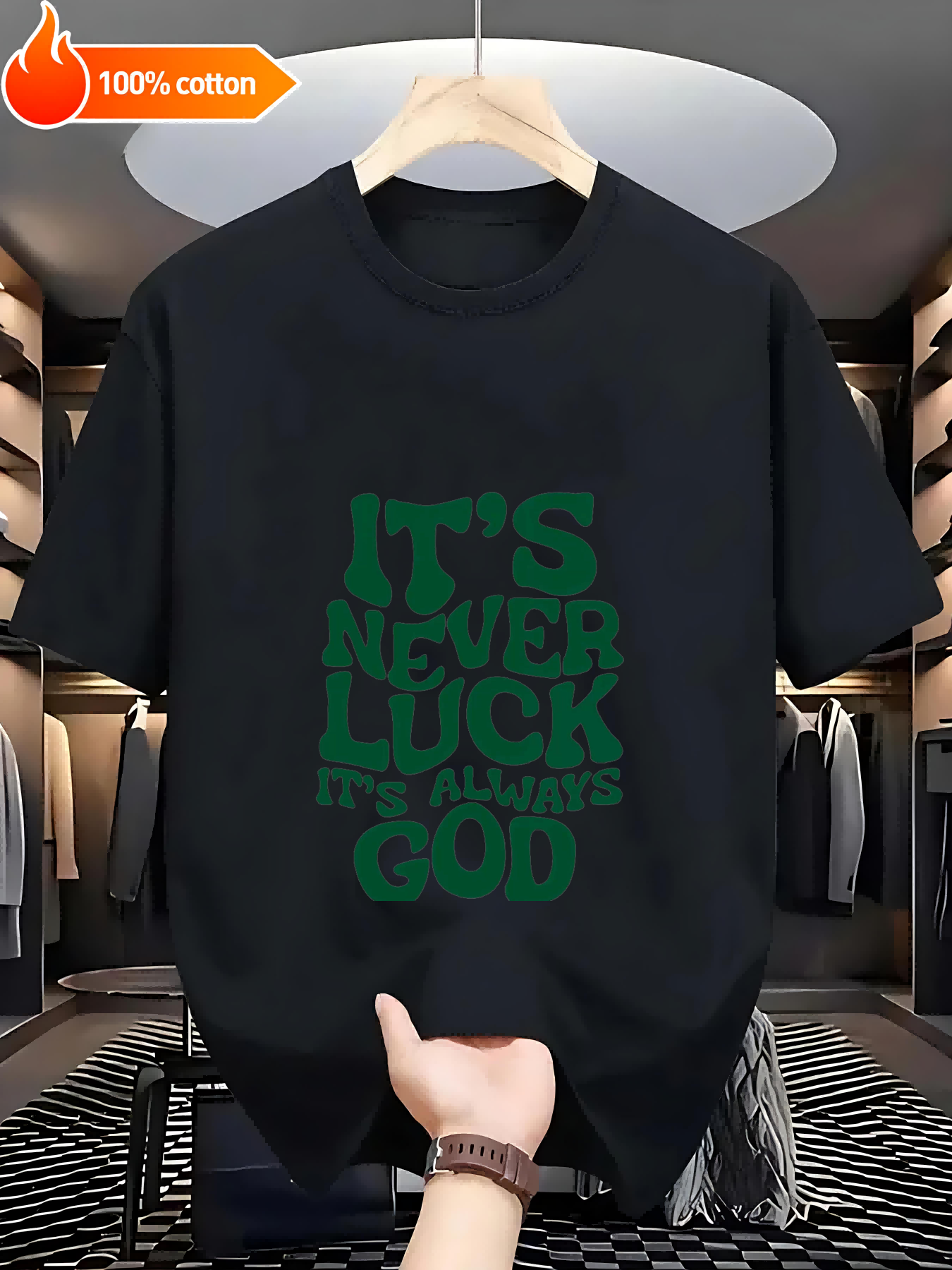 Black T-shirt It's Never Luck, It's Always God Comfortable Cotton Casual Round Neck Perfect for Outdoor Activities Casual Attire