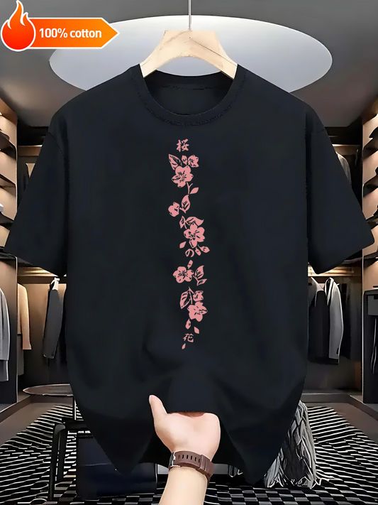 Black T-shirt Cherry Blossom Pattern Design Comfortable Cotton Casual Round Neck Perfect for Outdoor Activities Casual Attire