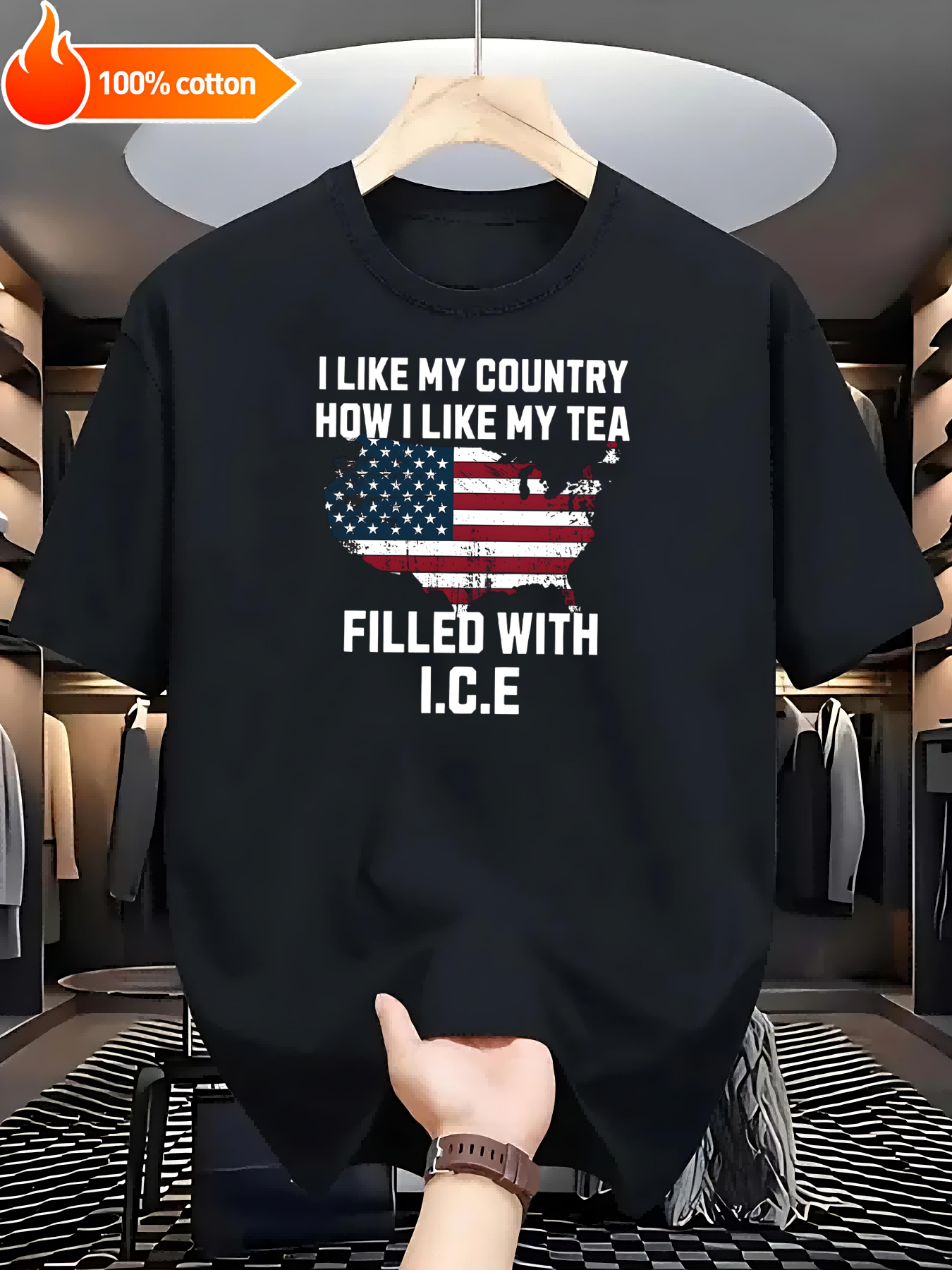 Black T-shirt Tea Filled with I.C.E. Comfortable Cotton Casual Round Neck Perfect for Outdoor Activities  Casual Attire