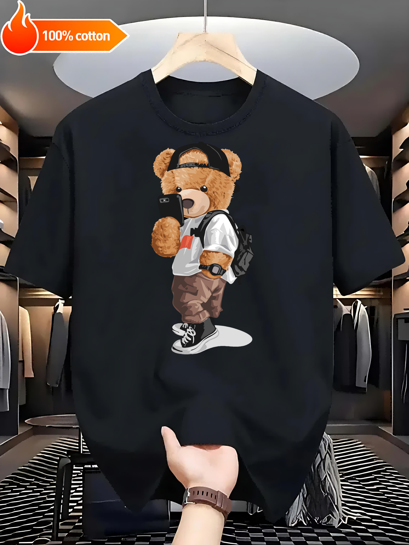 Black T-shirt Teddy Bear in Street Style Comfortable Cotton Casual Round Neck Perfect for Outdoor Activities Casual Attire