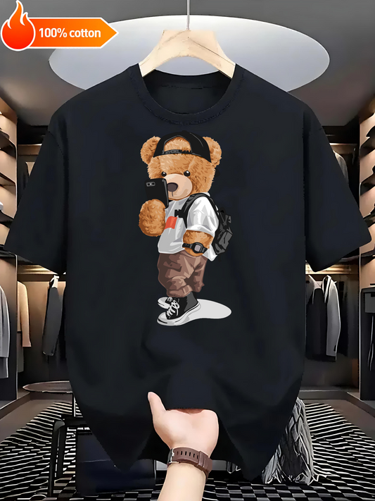 Black T-shirt Teddy Bear in Street Style Comfortable Cotton Casual Round Neck Perfect for Outdoor Activities Casual Attire